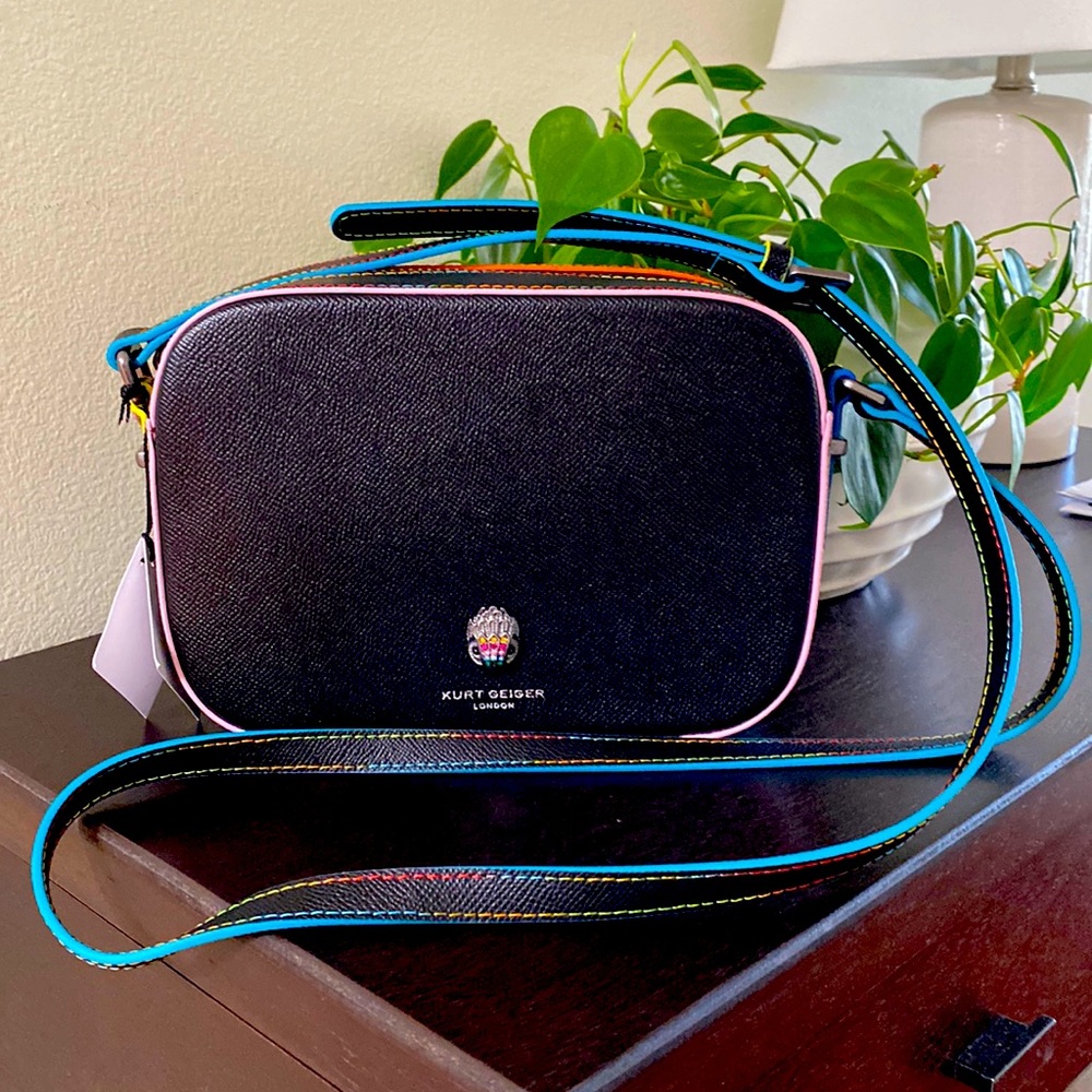 KURT GEIGER Richmond Black Leather Rainbow Stitch Camera Bag Crossbody NWT